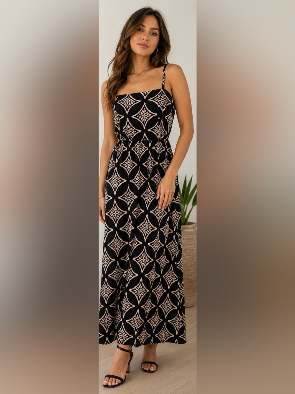 Spaghetti Strap Black & Cream Geometric Maxi Dress